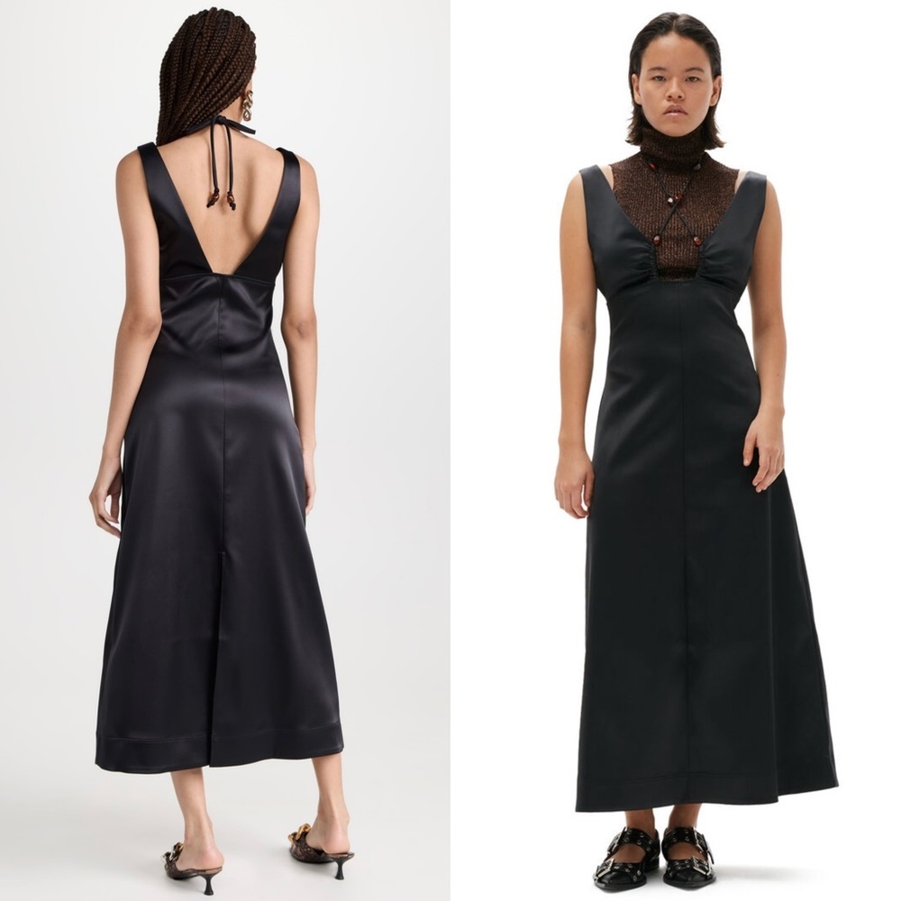 GANNI Satin Beaded Crisscross Halter Tie V-Neck Empire Waist Sleeveless Dress‎ S - Picture 3 of 14